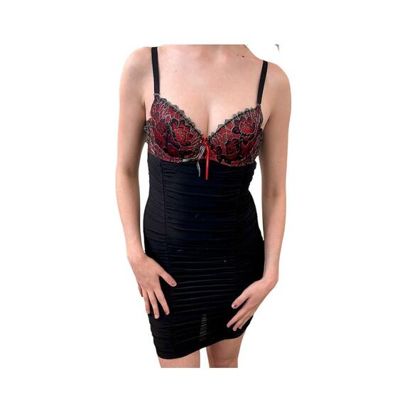 Super Sexy Ruched Red & Black Lace Push Up Halter Dress Clubwear Rave Size Small - Picture 2 of 8